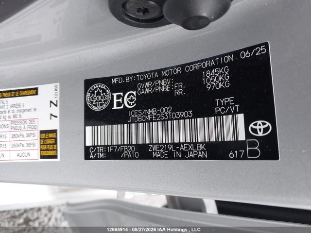 Aukcja sprzedaży 2025 Toyota Corolla Le/se/xle, vin: JTDBCMFE2S3103903, numer aukcji: 12685914