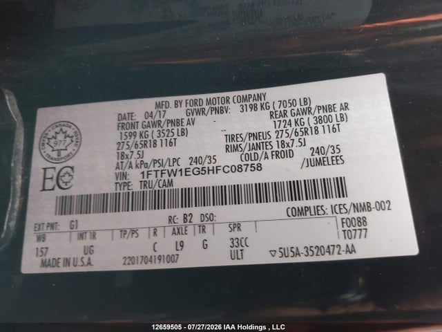 Ford F150 Supercrew 2017 1FTFW1EG5HFC08758 Image 18