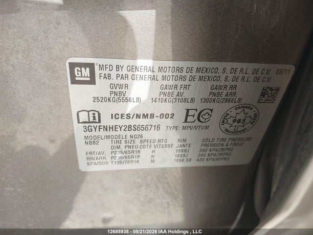 12685938 :رقم المزاد ، 3GYFNHEY2BS656716 vin ، 2011 Cadillac Srx مزاد بيع