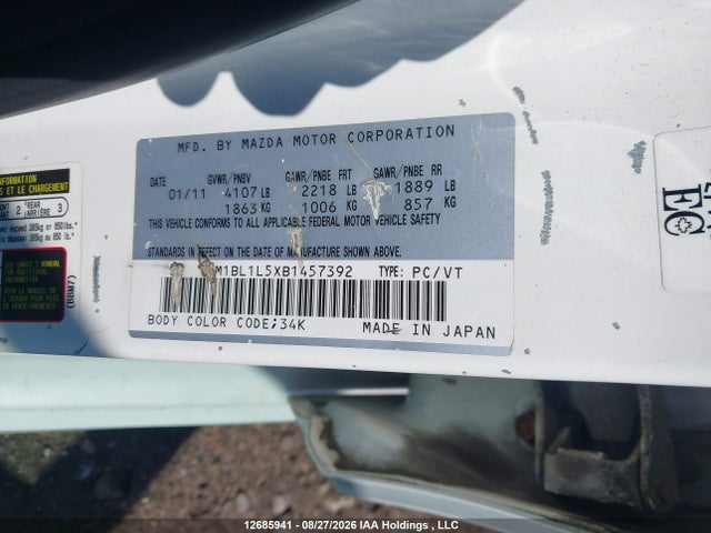 12685941 :رقم المزاد ، JM1BL1L5XB1457392 vin ، 2011 Mazda Mazda3 Gs مزاد بيع