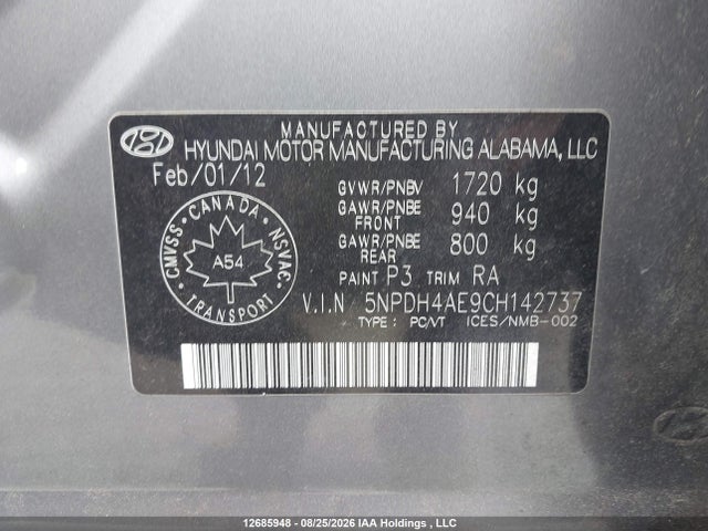 Продаж на аукціоні авто 2012 Hyundai Elantra Gls, vin: 5NPDH4AE9CH142737, номер лоту: 12685948