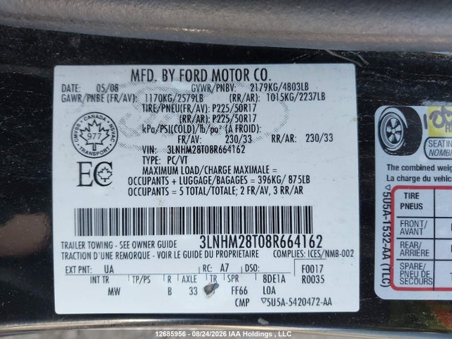 Aukcja sprzedaży 2008 Lincoln Mkz, vin: 3LNHM28T08R664162, numer aukcji: 12685956