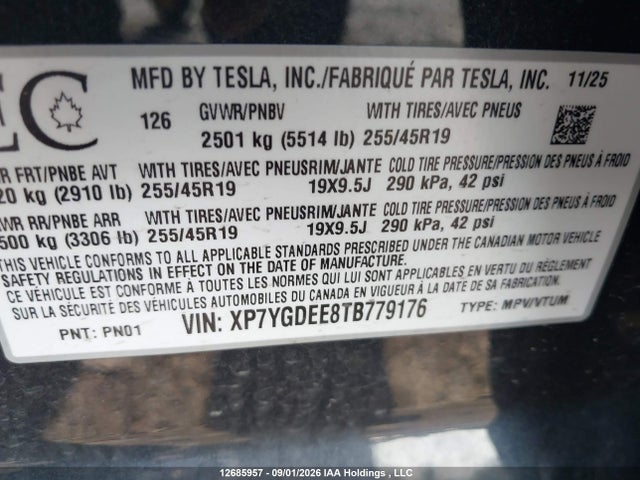 Auction sale of the 2026 Tesla Model Y Long Range Launch Series/premium All-wheel Drive, vin: XP7YGDEE8TB779176, lot number: 12685957