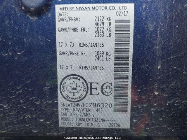 5N1AT2MV2HC796320 Nissan Rogue Sv/sl