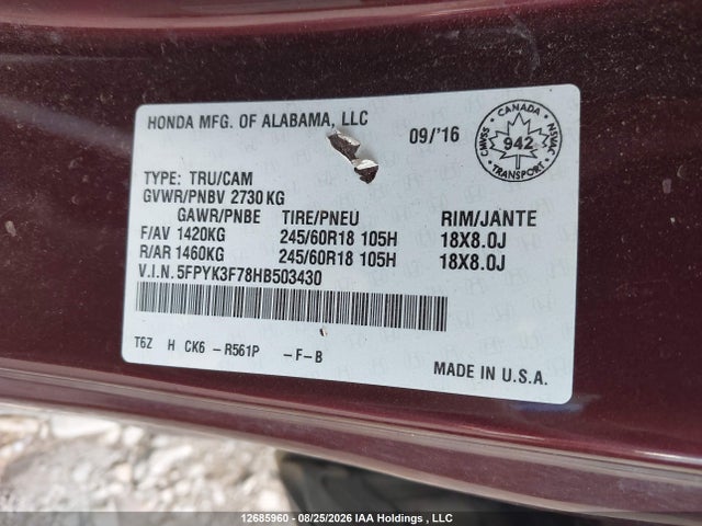 5FPYK3F78HB503430 Honda Ridgeline Touring