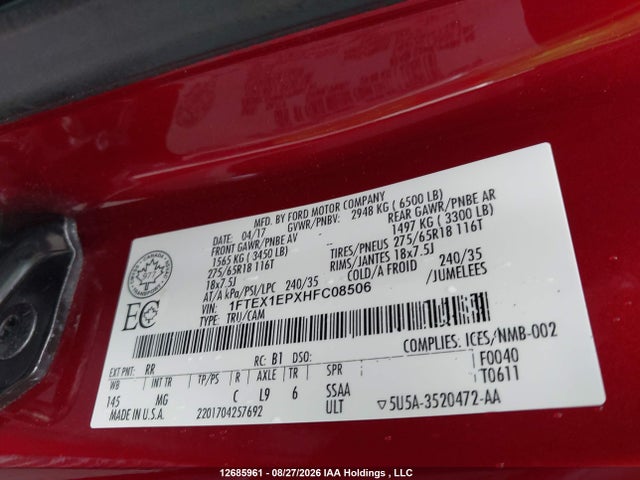 12685961 :رقم المزاد ، 1FTEX1EPXHFC08506 vin ، 2017 Ford F-150 Xlt مزاد بيع