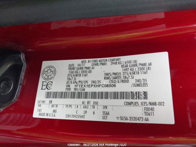 12685961 :رقم المزاد ، 1FTEX1EPXHFC08506 vin ، 2017 Ford F-150 Xlt مزاد بيع