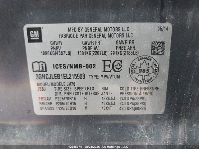 Продаж на аукціоні авто 2014 Chevrolet Trax, vin: 3GNCJLEB1EL215958, номер лоту: 12685974