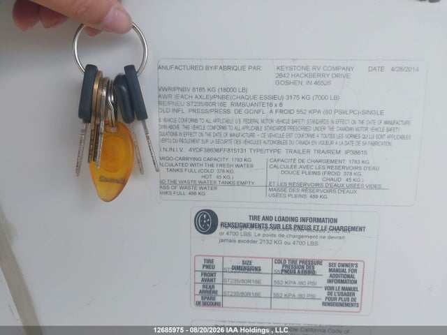 Продажа на аукционе авто 2015 Keystone Keystone, vin: 4YDF38636FF815131, номер лота: 12685975