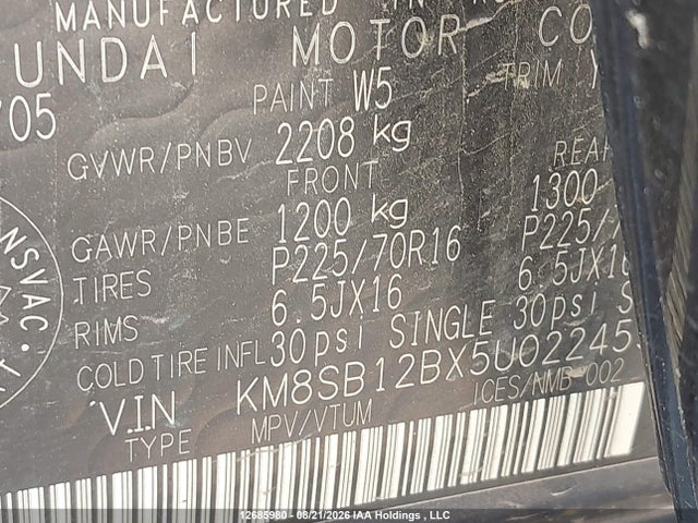 12685980 :رقم المزاد ، KM8SB12BX5U022459 vin ، 2005 Hyundai Santa Fe مزاد بيع