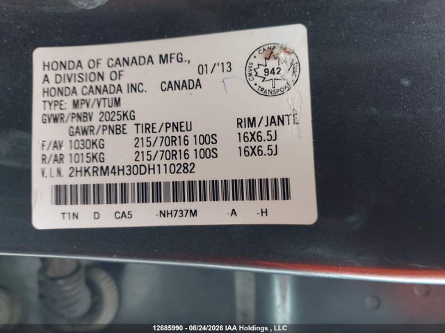 Продаж на аукціоні авто 2013 Honda Cr-v Lx, vin: 2HKRM4H30DH110282, номер лоту: 12685990