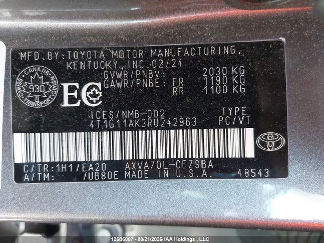 Auction sale of the 2024 Toyota Camry Se Night Shade/se, vin: 4T1G11AK3RU242963, lot number: 12686007