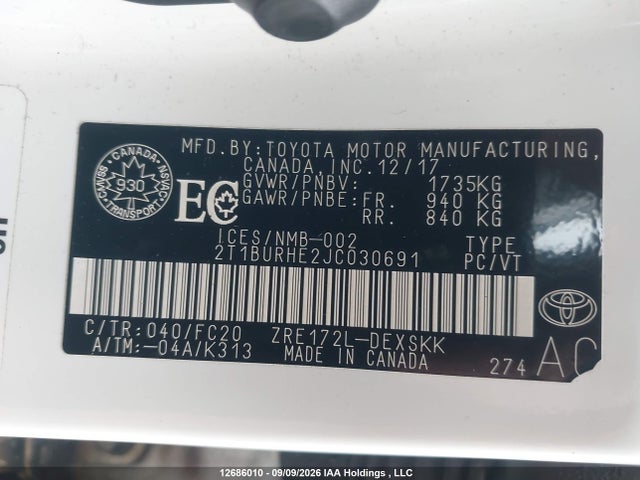 Toyota Corolla 2018 2T1BURHE2JC030691 Image 9