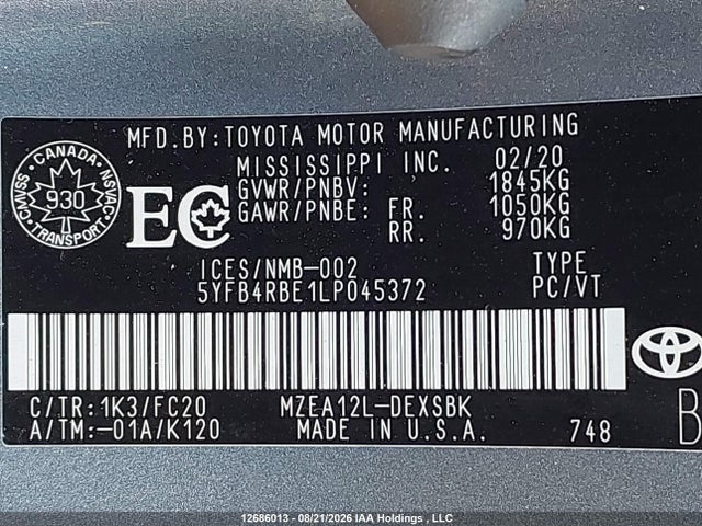 Toyota Corolla Se/xse 2020 5YFB4RBE1LP045372 Image 9