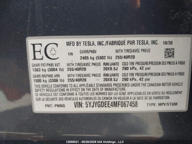 Tesla Model Y Long Range 2021 5YJYGDEE4MF067458 Image 9