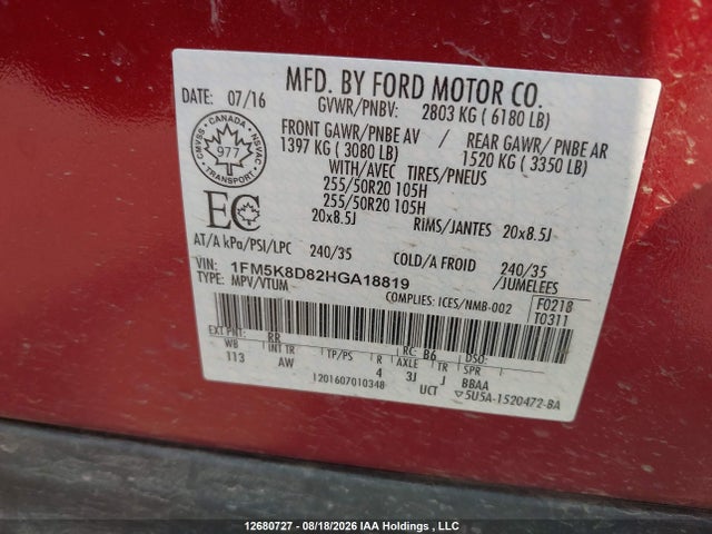 2017 Ford Explorer Xlt მანქანა იყიდება აუქციონზე, vin: 1FM5K8D82HGA18819, აუქციონის ნომერი: 12680727