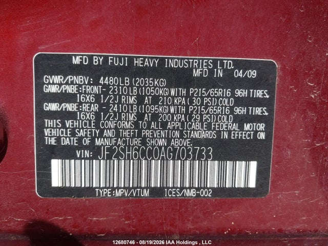 12680746 :رقم المزاد ، JF2SH6CC0AG703733 vin ، 2010 Subaru Forester 2.5 X Touring Package مزاد بيع