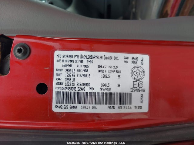 2005 Dodge Caravan Sxt მანქანა იყიდება აუქციონზე, vin: 1D4GP45R25B132409, აუქციონის ნომერი: 12686025