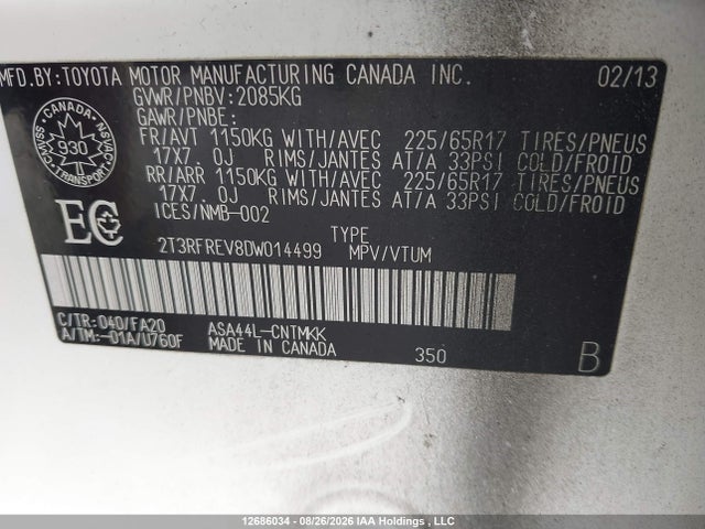 Aukcja sprzedaży 2013 Toyota Rav4 Xle, vin: 2T3RFREV8DW014499, numer aukcji: 12686034