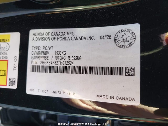 Продажа на аукционе авто 2026 Honda Civic, vin: 2HGFE4F82TH012524, номер лота: 12686045