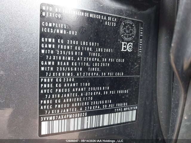 2023 Volkswagen Tiguan Comfortline მანქანა იყიდება აუქციონზე, vin: 3VVMB7AX4PM088026, აუქციონის ნომერი: 12686047