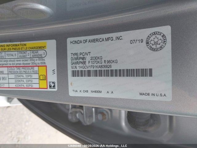 1HGCV1F91KA806826 Honda Accord Touring 1.5t