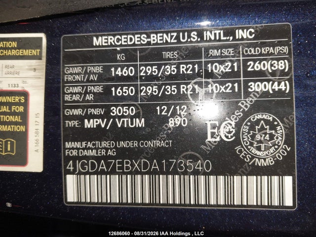 2013 Mercedes-benz Ml 63 Amg მანქანა იყიდება აუქციონზე, vin: 4JGDA7EBXDA173540, აუქციონის ნომერი: 12686060