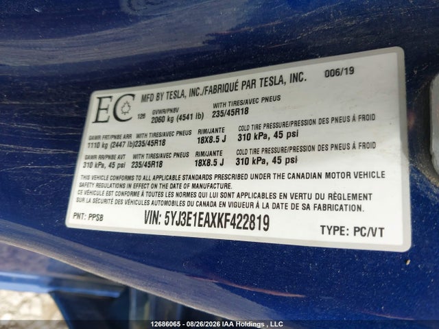 Tesla MODEL 3 2019 5YJ3E1EAXKF422819 Image 9
