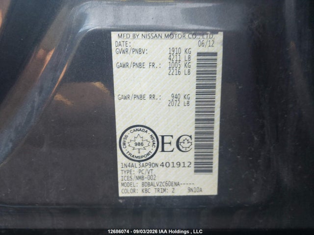 Aukcja sprzedaży 2013 Nissan Altima 2.5/s/sv/sl, vin: 1N4AL3AP9DN401912, numer aukcji: 12686074