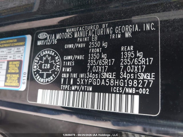 Продажа на аукционе авто 2017 Kia Sorento 3.3l Lx V6 7-seater, vin: 5XYPGDA58HG198277, номер лота: 12686078
