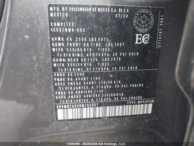 2024 Volkswagen Tiguan Comfortline მანქანა იყიდება აუქციონზე, vin: 3VVMB7AX3RM152527, აუქციონის ნომერი: 12686090