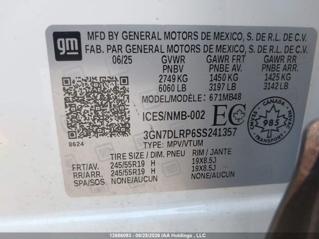 Aukcja sprzedaży 2025 Chevrolet Equinox Lt, vin: 3GN7DLRP6SS241357, numer aukcji: 12686093