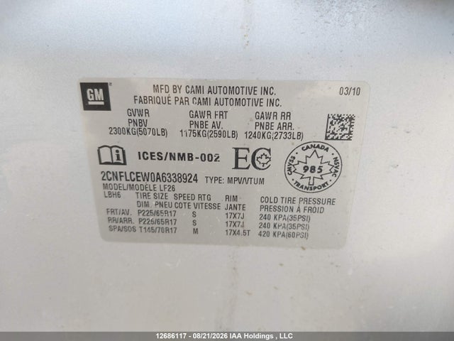 Aukcja sprzedaży 2010 Chevrolet Equinox Ls, vin: 2CNFLCEW0A6338924, numer aukcji: 12686117