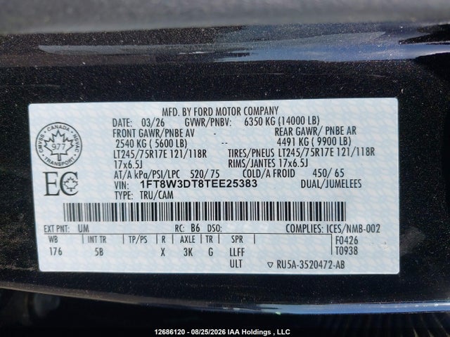 2026 Ford F350 Super Duty მანქანა იყიდება აუქციონზე, vin: 1FT8W3DT8TEE25383, აუქციონის ნომერი: 12686120