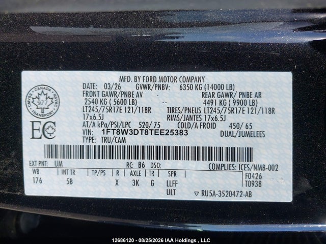 2026 Ford F350 Super Duty მანქანა იყიდება აუქციონზე, vin: 1FT8W3DT8TEE25383, აუქციონის ნომერი: 12686120