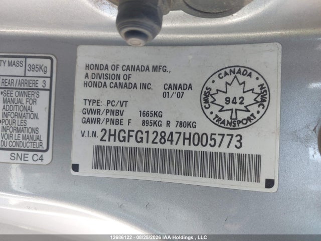 2007 Honda Civic Ex მანქანა იყიდება აუქციონზე, vin: 2HGFG12847H005773, აუქციონის ნომერი: 12686122