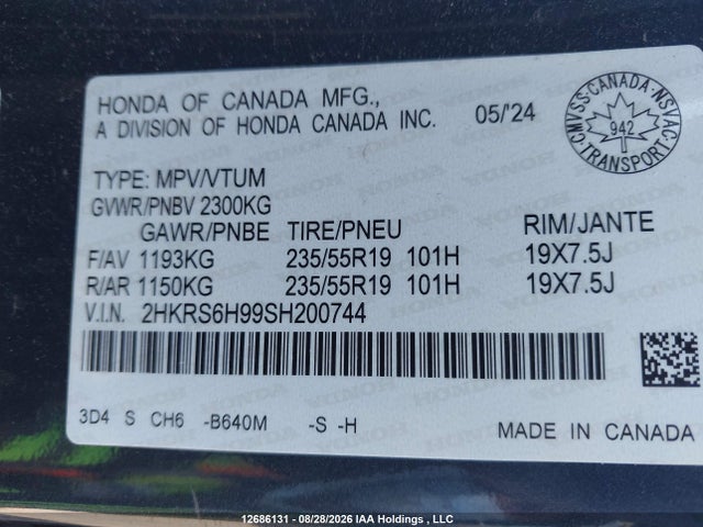 Aukcja sprzedaży 2025 Honda Cr-v Sport Touring, vin: 2HKRS6H99SH200744, numer aukcji: 12686131
