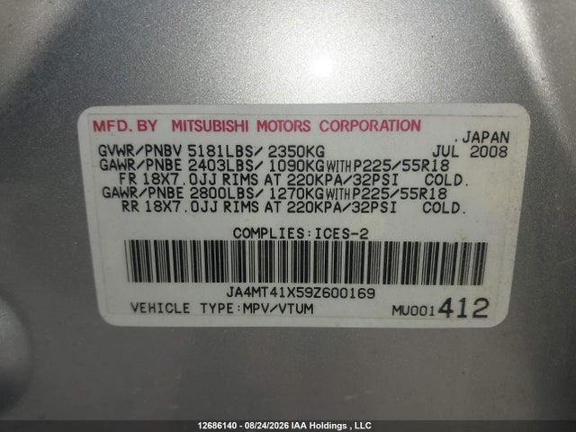2009 Mitsubishi Outlander Xls მანქანა იყიდება აუქციონზე, vin: JA4MT41X59Z600169, აუქციონის ნომერი: 12686140