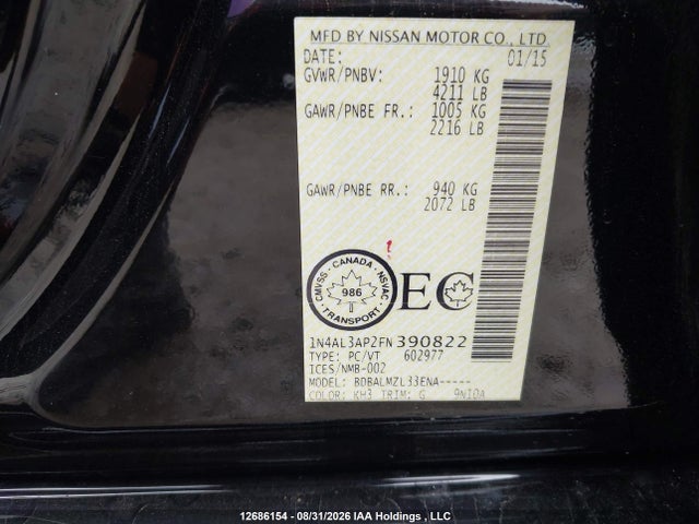 2015 Nissan Altima 2.5/2.5 S/2.5 Sl/2.5 Sv მანქანა იყიდება აუქციონზე, vin: 1N4AL3AP2FN390822, აუქციონის ნომერი: 12686154