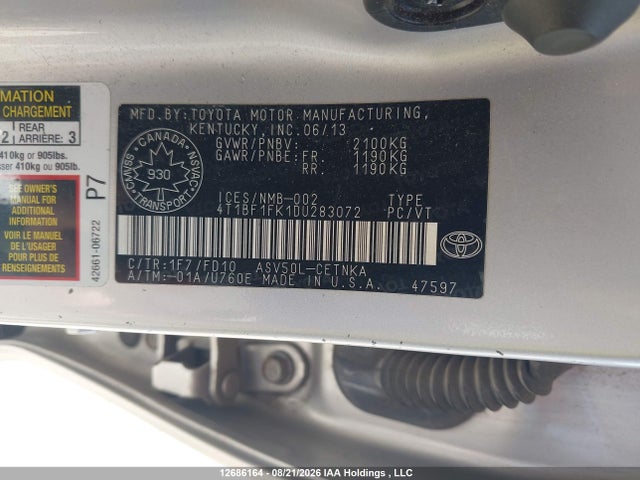 12686164 :رقم المزاد ، 4T1BF1FK1DU283072 vin ، 2013 Toyota Camry Le مزاد بيع
