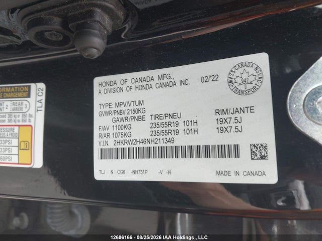 Aukcja sprzedaży 2022 Honda Cr-v Sport, vin: 2HKRW2H46NH211349, numer aukcji: 12686166