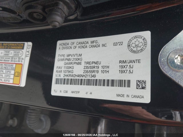 Aukcja sprzedaży 2022 Honda Cr-v Sport, vin: 2HKRW2H46NH211349, numer aukcji: 12686166