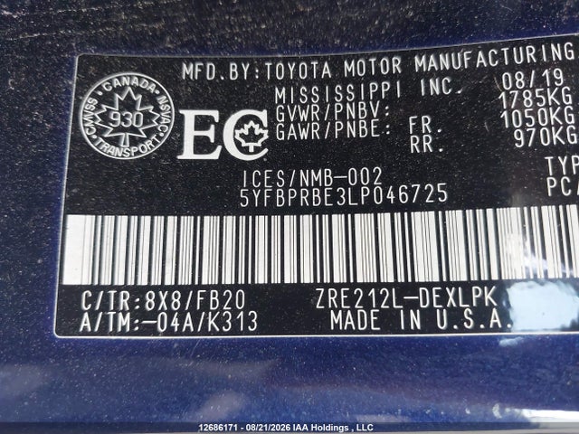 5YFBPRBE3LP046725 Toyota COROLLA LE