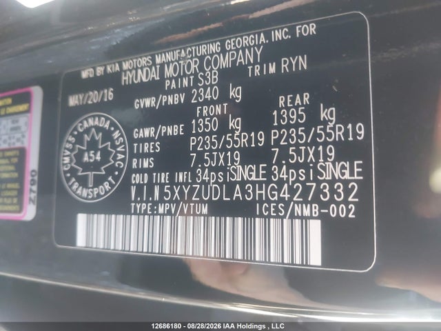 12686180 :رقم المزاد ، 5XYZUDLA3HG427332 vin ، 2017 Hyundai Santa Fe Sport مزاد بيع