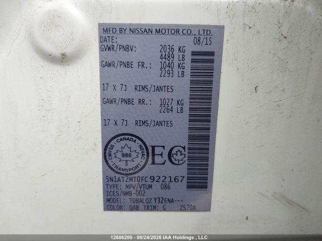 Nissan ROGUE S/SV 2015 5N1AT2MT0FC922167 Image 18