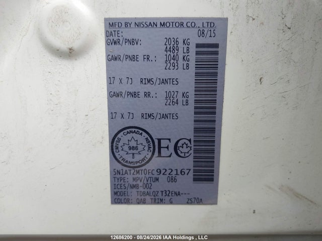 Nissan ROGUE S/SV 2015 5N1AT2MT0FC922167 Image 9