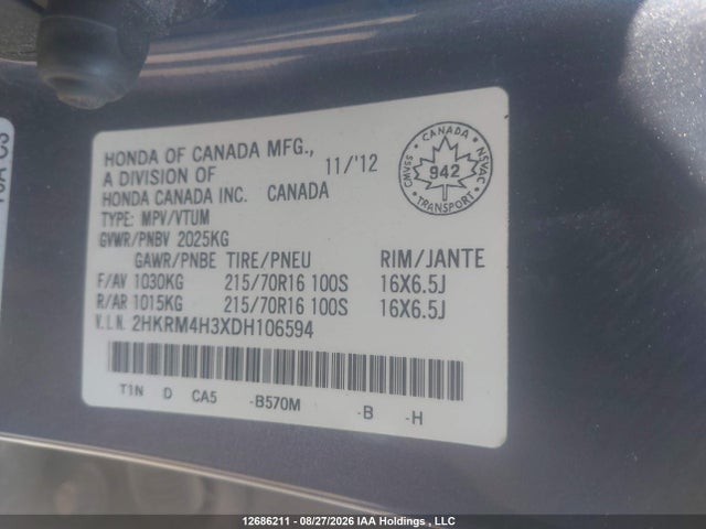 Продаж на аукціоні авто 2013 Honda Cr-v Lx, vin: 2HKRM4H3XDH106594, номер лоту: 12686211