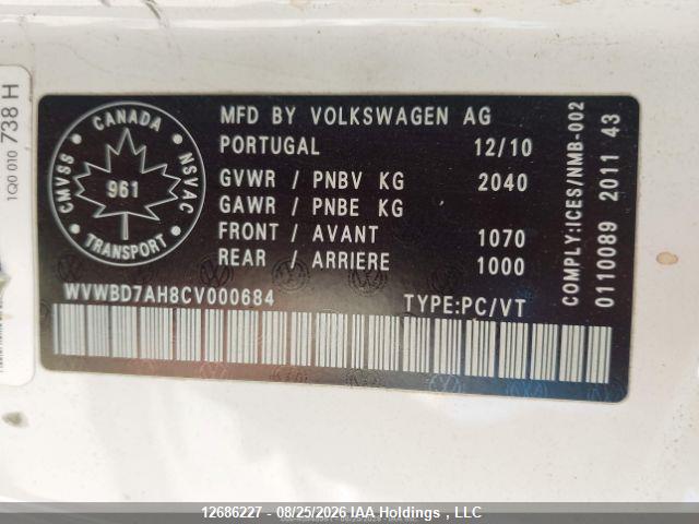 Aukcja sprzedaży 2012 Volkswagen Eos Comfortline, vin: WVWBD7AH8CV000684, numer aukcji: 12686227