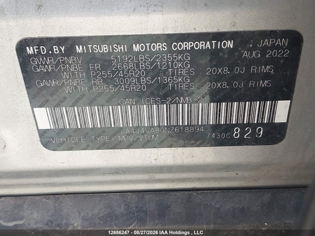 Mitsubishi Outlander 2022 JA4J4VA80NZ618894 Image 9