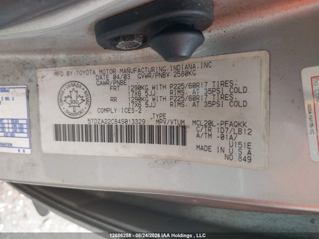 Aukcja sprzedaży 2004 Toyota Sienna Xle/xle Limited, vin: 5TDZA22C84S013329, numer aukcji: 12686258